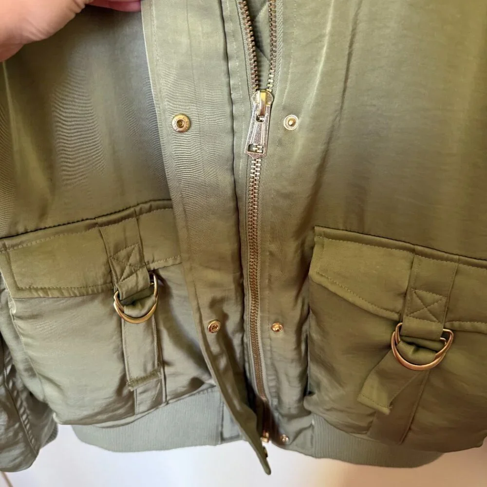 House of Harlow Olive Green Satin Bomber Jacket L​​